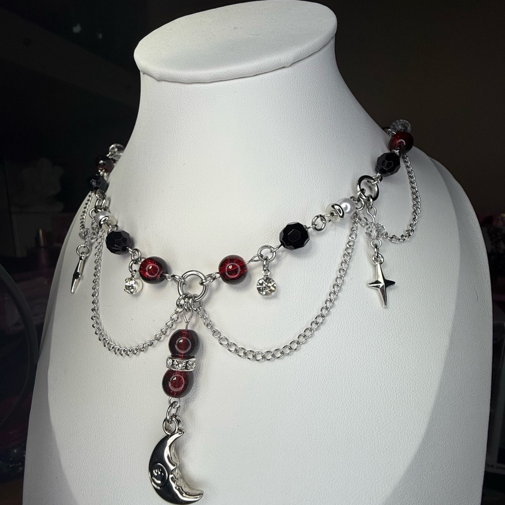 Elegant Silver Black and Red Moon + Star Charm Necklace